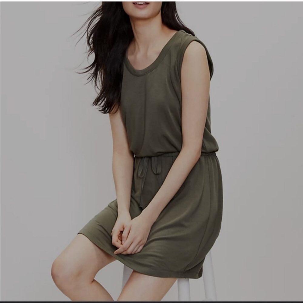 Lou & Grey Army Green Olive Cinch Waist Dress Small Drawstring Sporty Casual